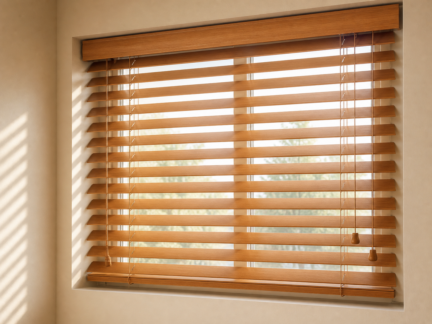 Persiana americana de madera con lamas horizontales entreabiertas filtrando luz solar
