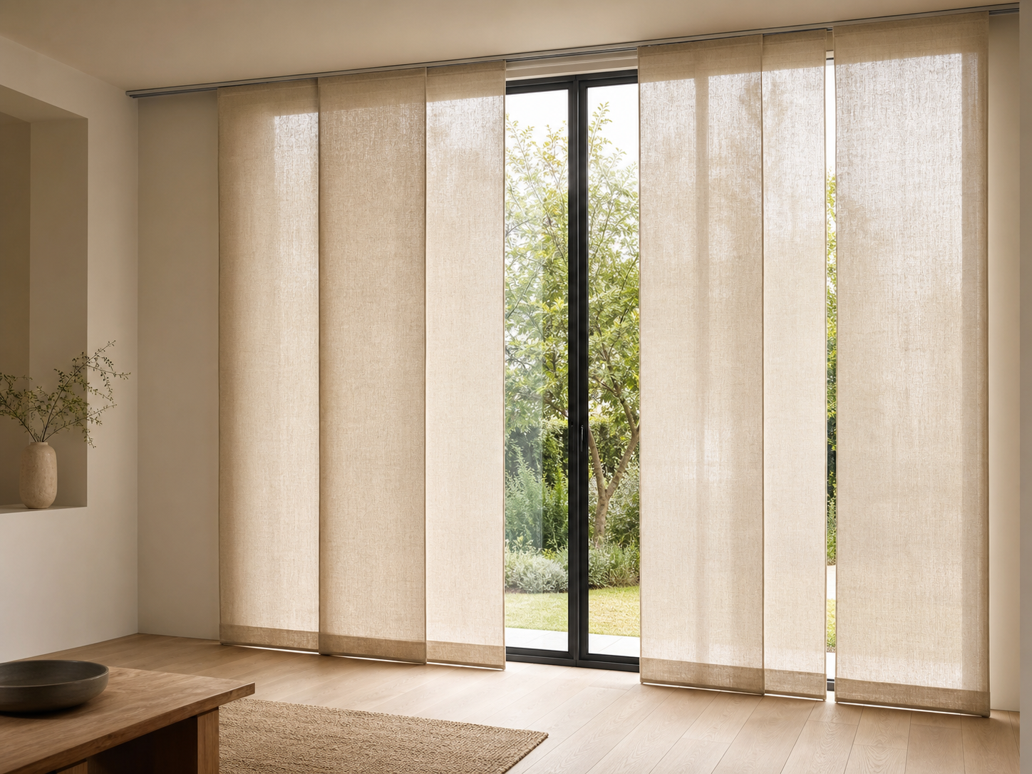 Paneles japoneses de lino color avena corriendo sobre ventana amplia con luz suave